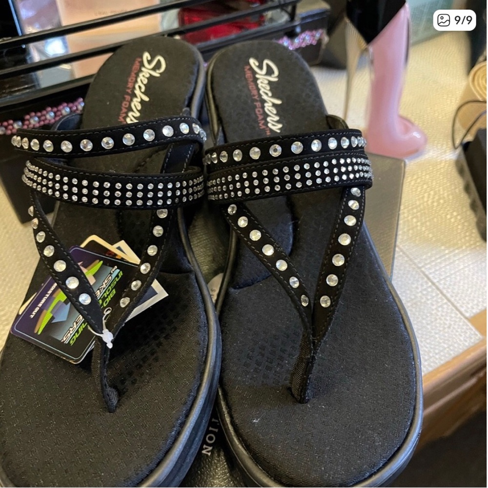 Skechers Black Rhinestone Memory Foam Thong Sandals - Picture 8 of 9